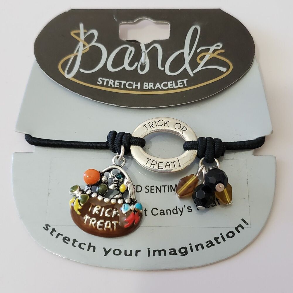 Halloween Stretch charm bracelet "Trick or Treat" Black Cord Enamel Charms NEW